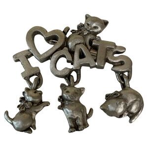 Vintage Spoontiques I Love Cats Heart Dangle Kitty Cats Pewter Metal